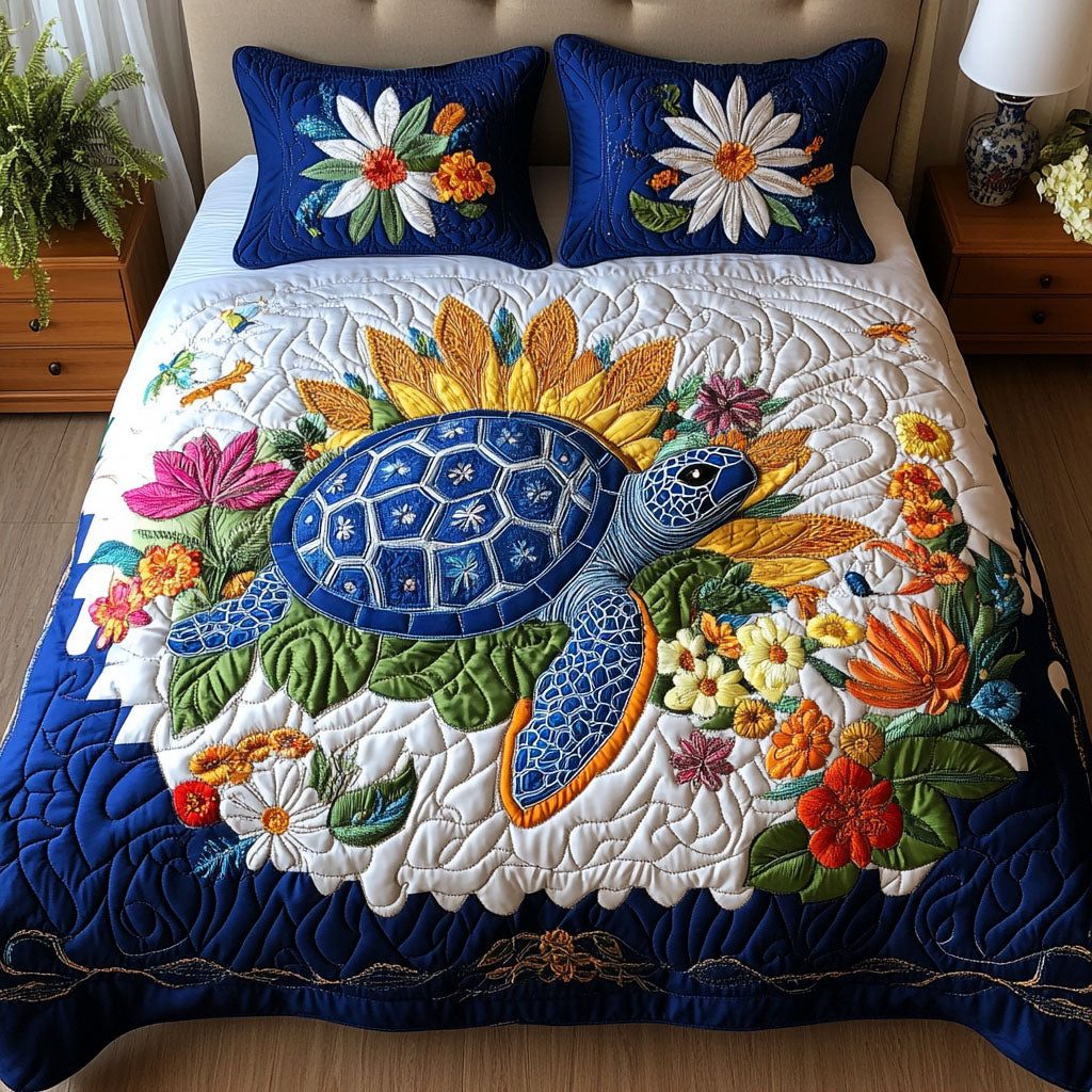 Reef Harmony quilted 3-piece bedding set on a made bed in a light coastal bedroom