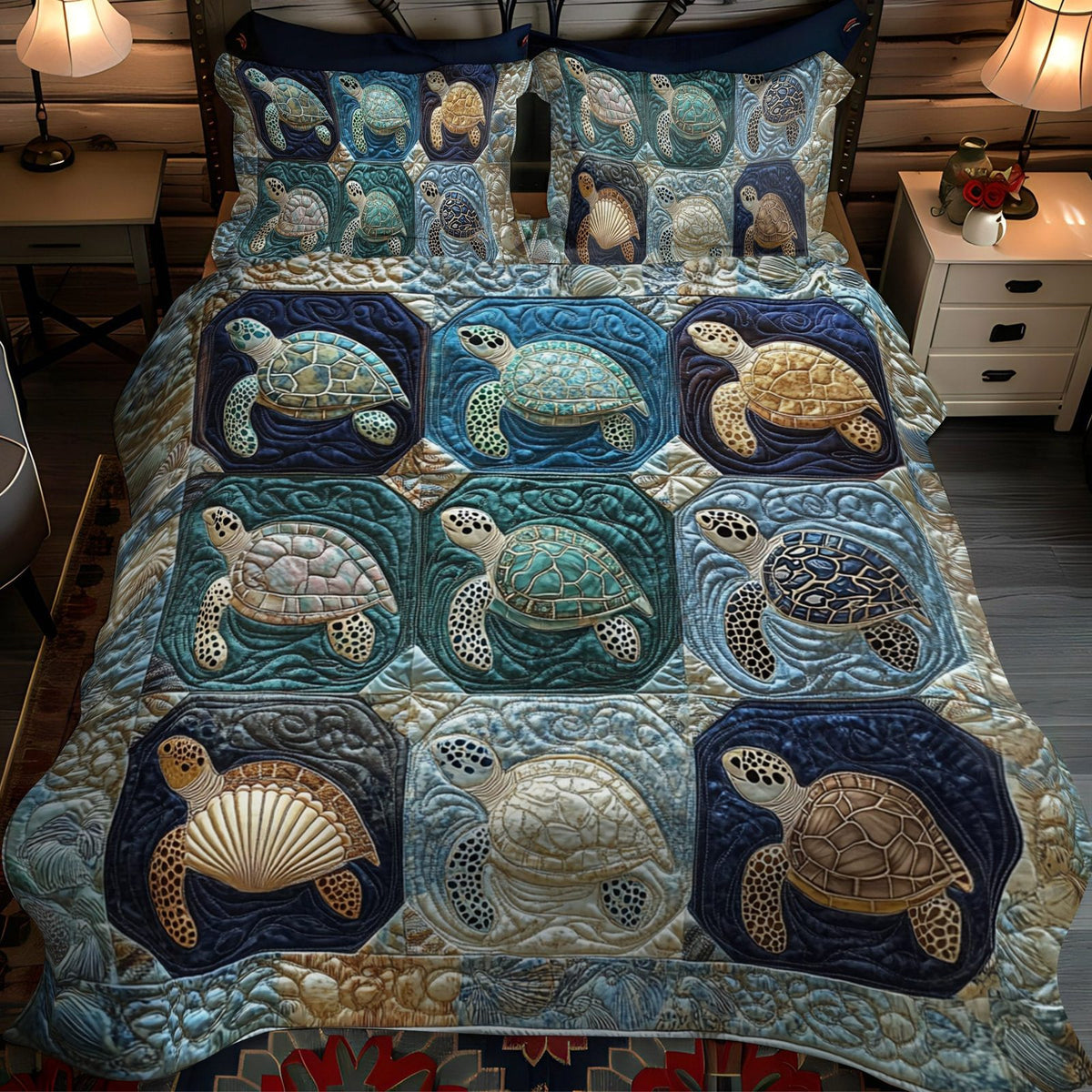 Reef Reverie quilted 3-piece bedding set on a made bed in a light coastal bedroom