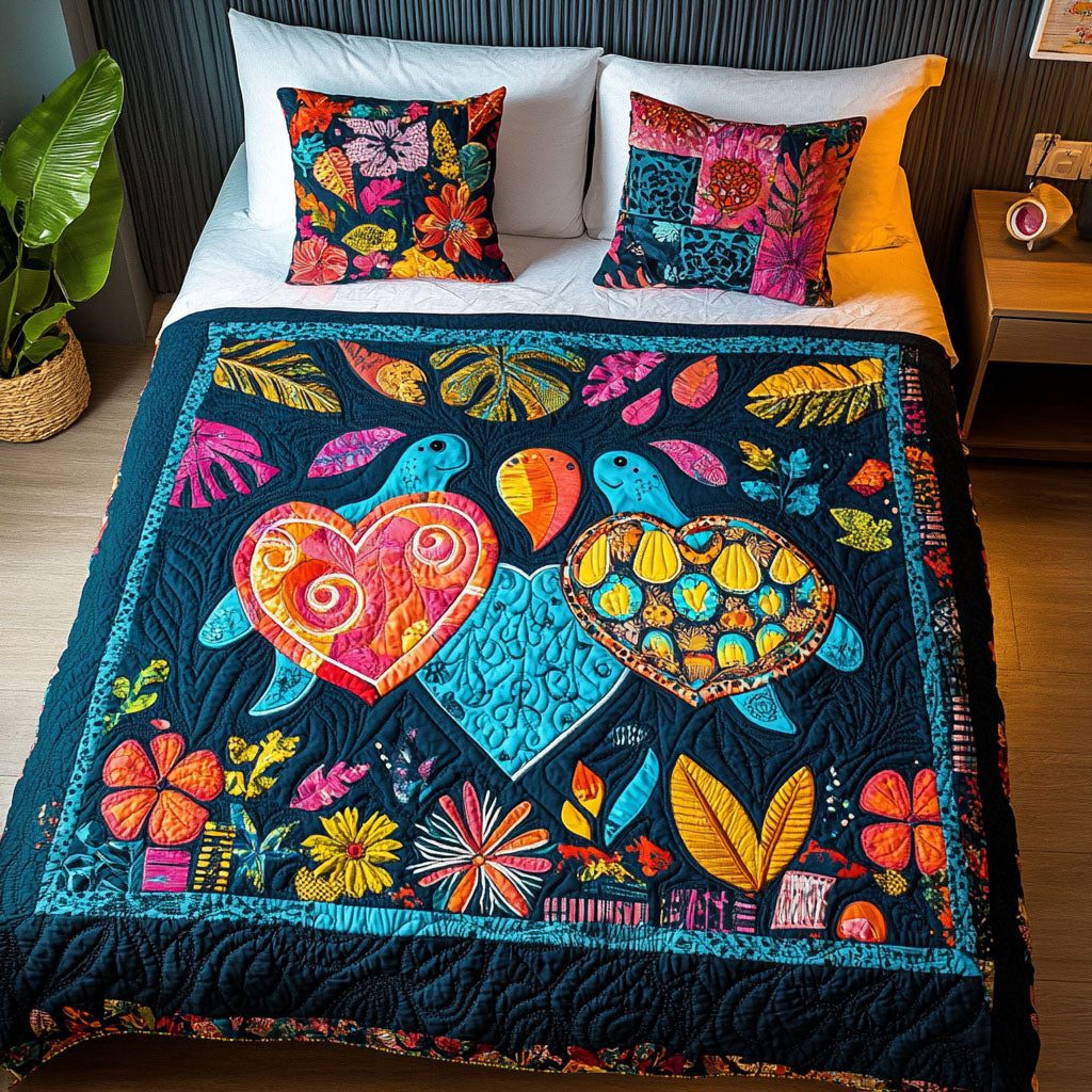 Reef Romance quilted 3-piece bedding set on a made bed in a light coastal bedroom