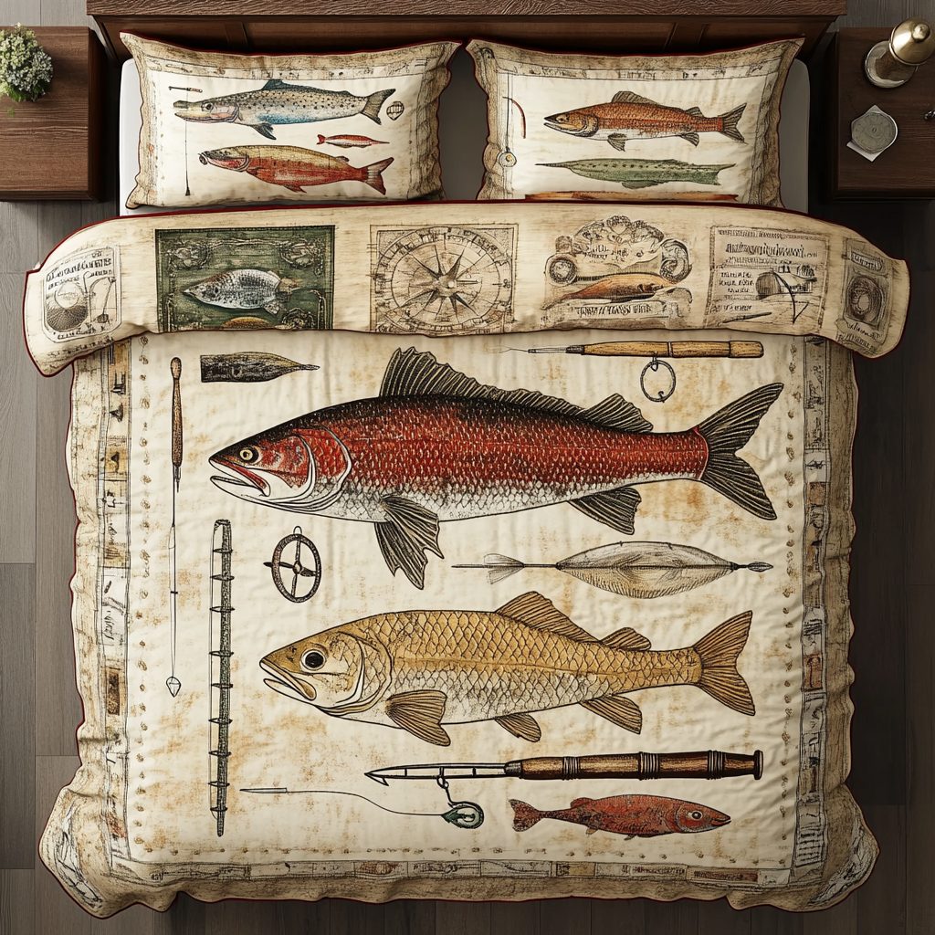 Reel Dreams quilted 3-piece bedding set on a made bed with two matching pillow shams