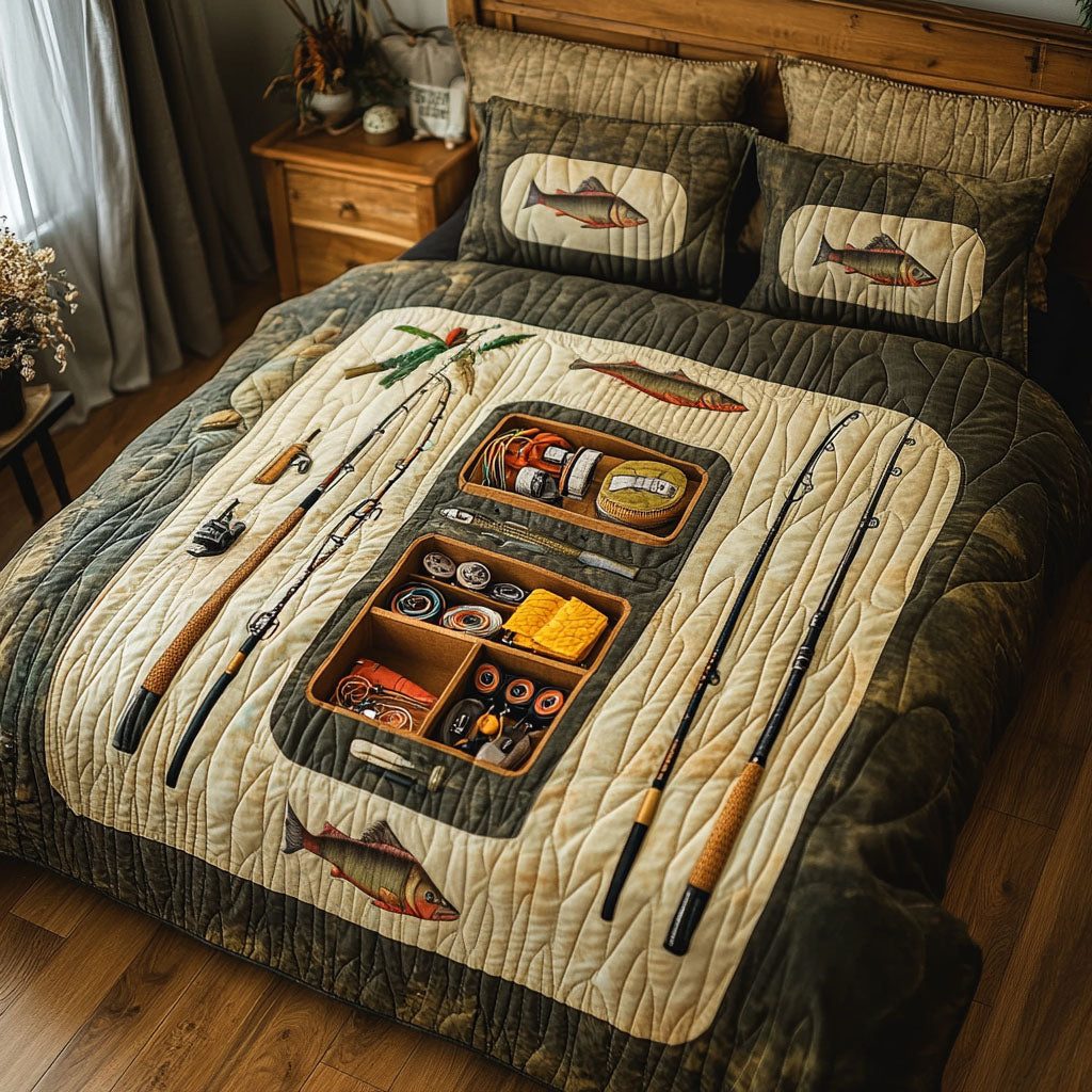 Reel In Relaxation quilted 3-piece bedding set on a made bed with two matching pillow shams
