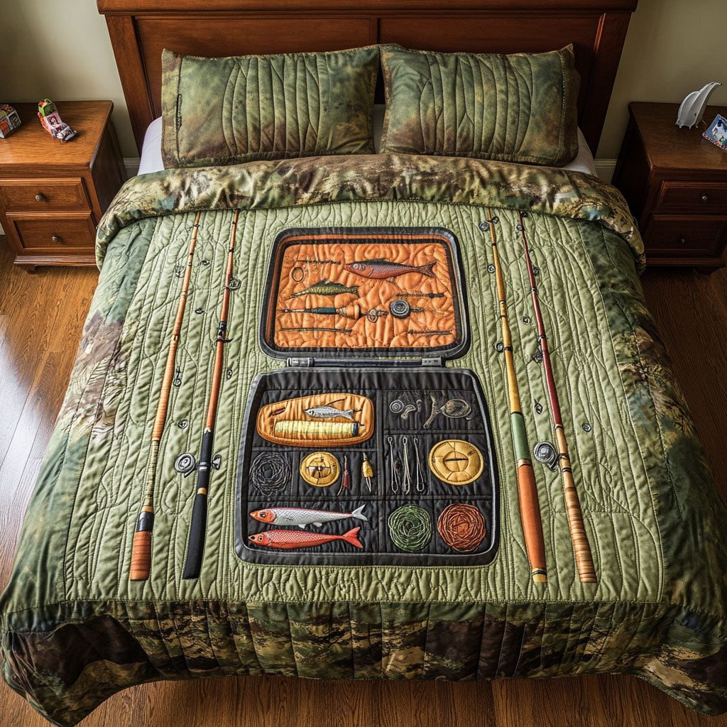 Reel Life quilted 3-piece bedding set on a made bed with two matching pillow shams