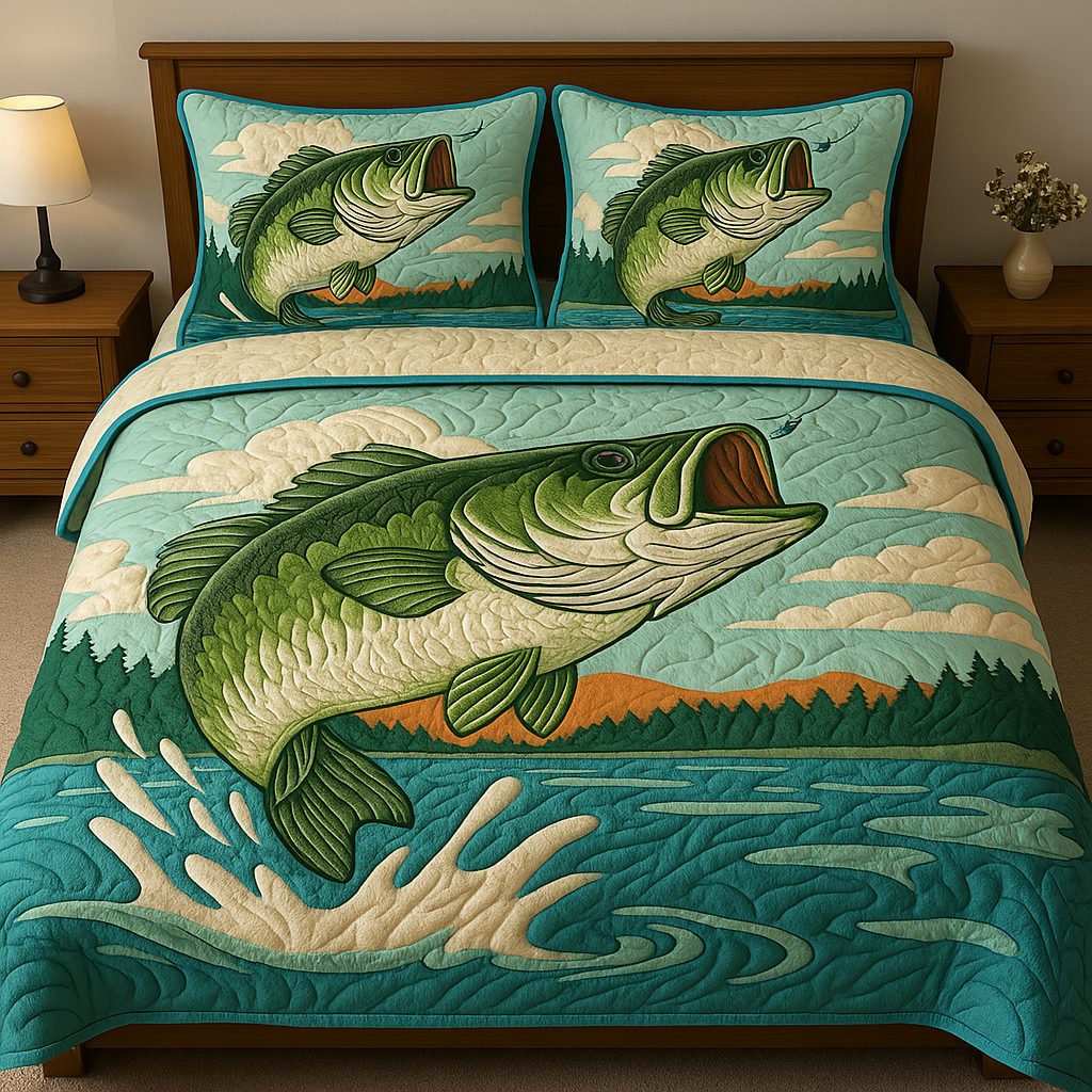 Reel Life quilted 3-piece bedding set on a made bed with two matching pillow shams