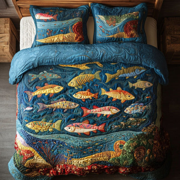Reel Trout Adventure quilted 3-piece bedding set on a made bed in a winter-styled bedroom