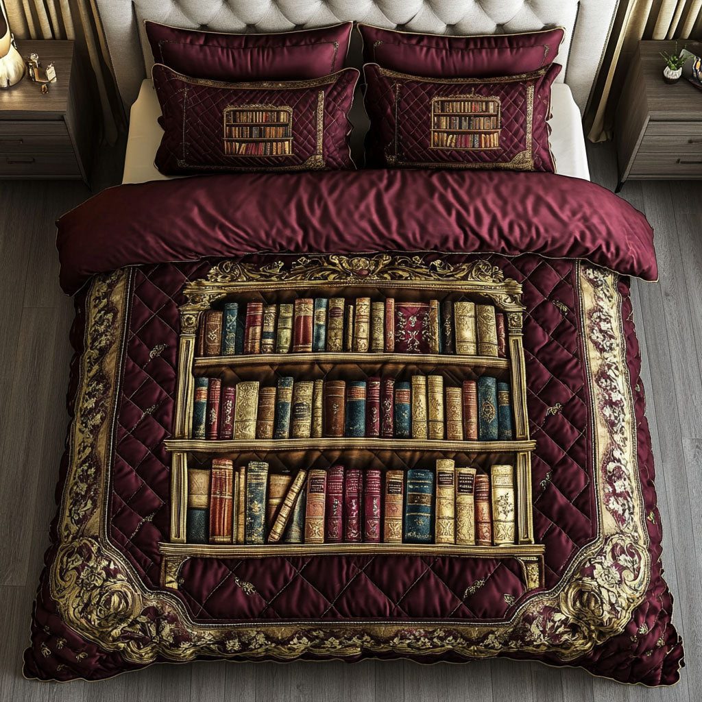 Regal Bookshelf Elegance quilted 3-piece bedding set on a made bed with two matching pillow shams