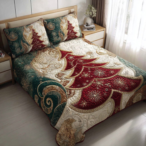 Regal Christmas Tree quilted 3-piece bedding set on a made bed in a winter-styled bedroom