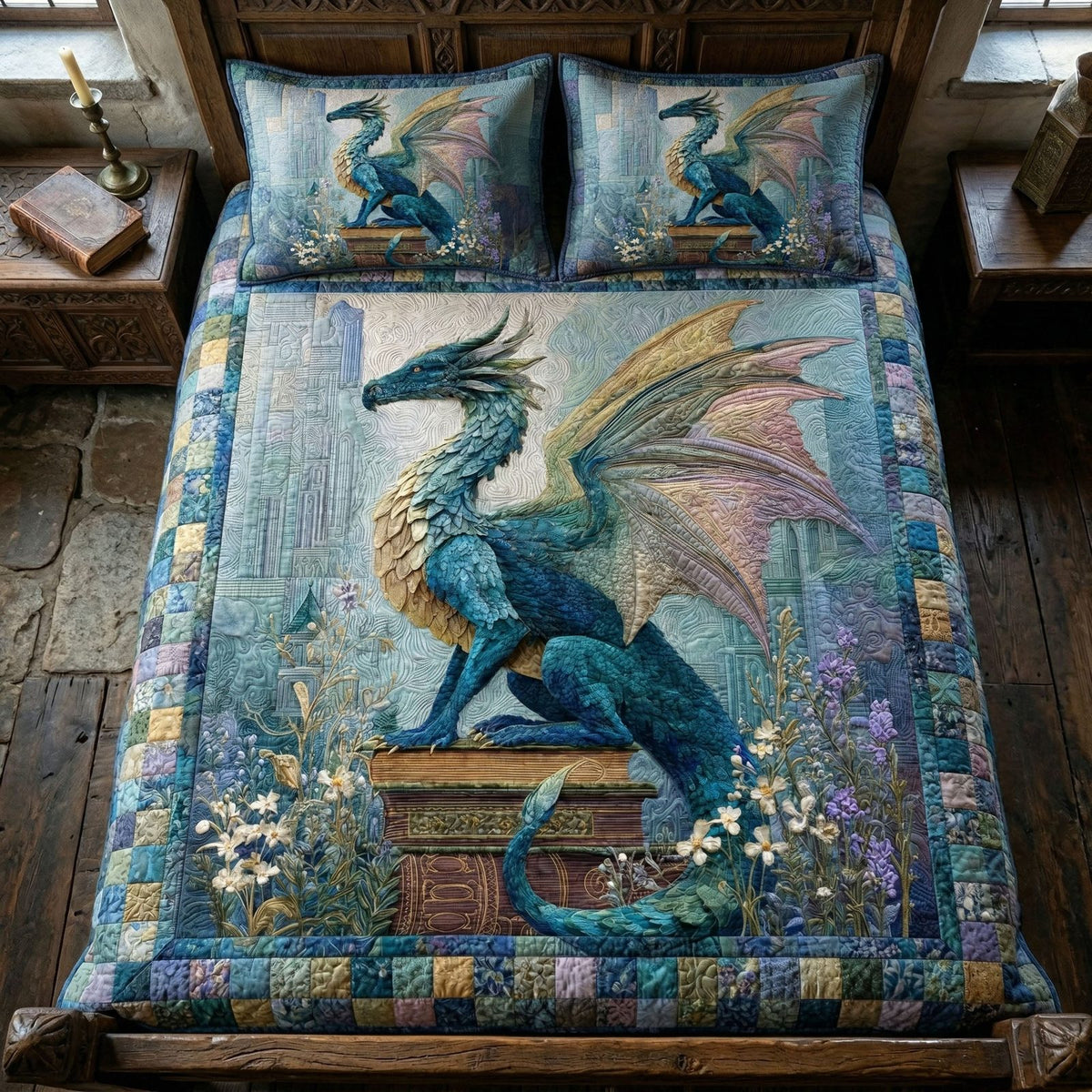 Regal Dragon quilted 3-piece bedding set on a made bed with two matching pillow shams
