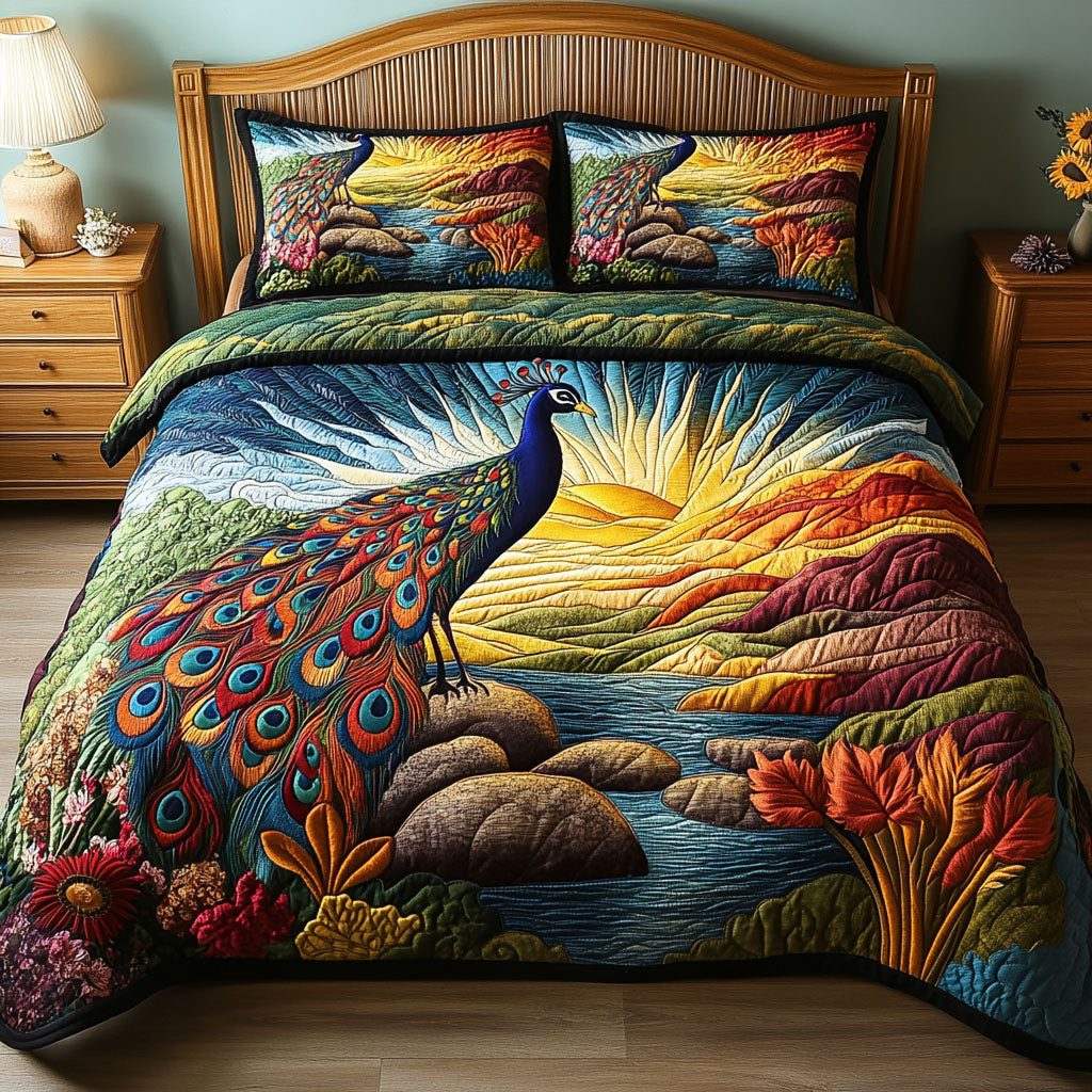 Regal Feathers and Meadows quilted 3-piece bedding set on a made bed with two matching pillow shams