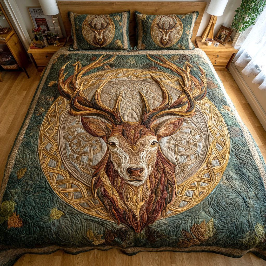 Regal Heart quilted 3-piece bedding set on a made bed with two matching pillow shams