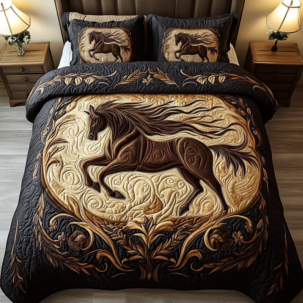 Regal Mane quilted 3-piece bedding set on a made bed with two matching pillow shams