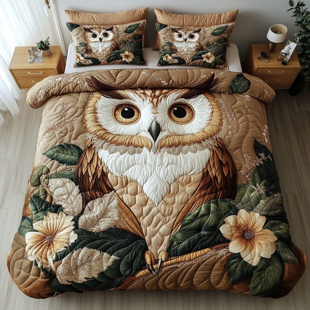 Regal Owl quilted 3-piece bedding set on a made bed with two matching pillow shams