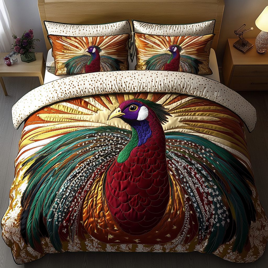 Regal Pheasant quilted 3-piece bedding set on a made bed with two matching pillow shams