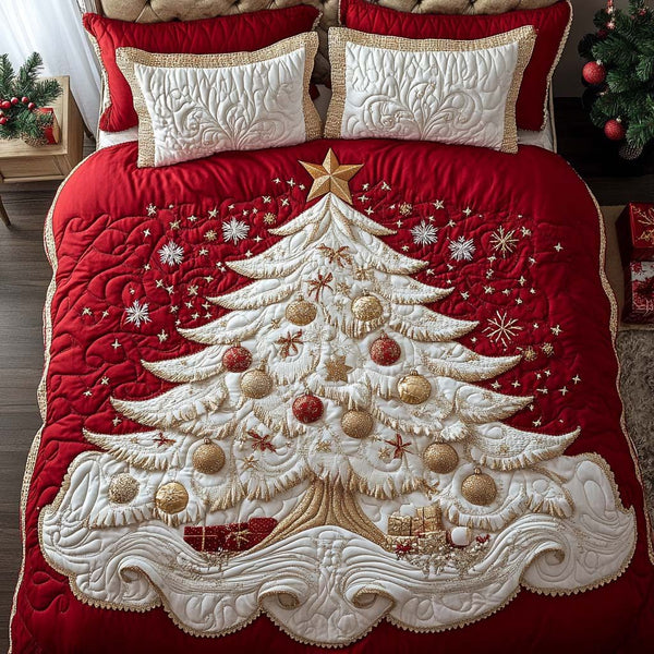 Regal White Christmas quilted 3-piece bedding set on a made bed in a winter-styled bedroom