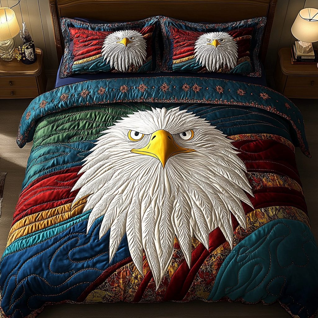 Regal Wings quilted 3-piece bedding set on a made bed with two matching pillow shams
