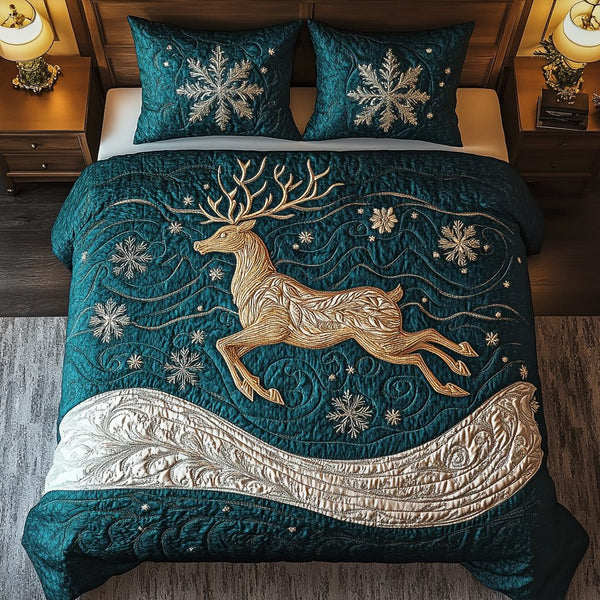 Reindeer Christmas quilted 3-piece bedding set on a made bed in a winter-styled bedroom