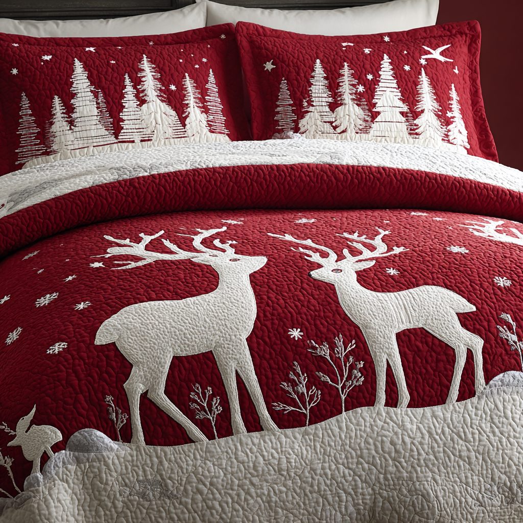 Reindeer Dream quilted 3-piece bedding set on a made bed in a winter-styled bedroom