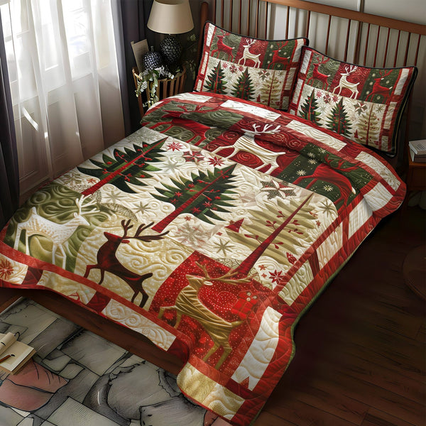 Reindeer Dreams quilted 3-piece bedding set on a made bed in a winter-styled bedroom