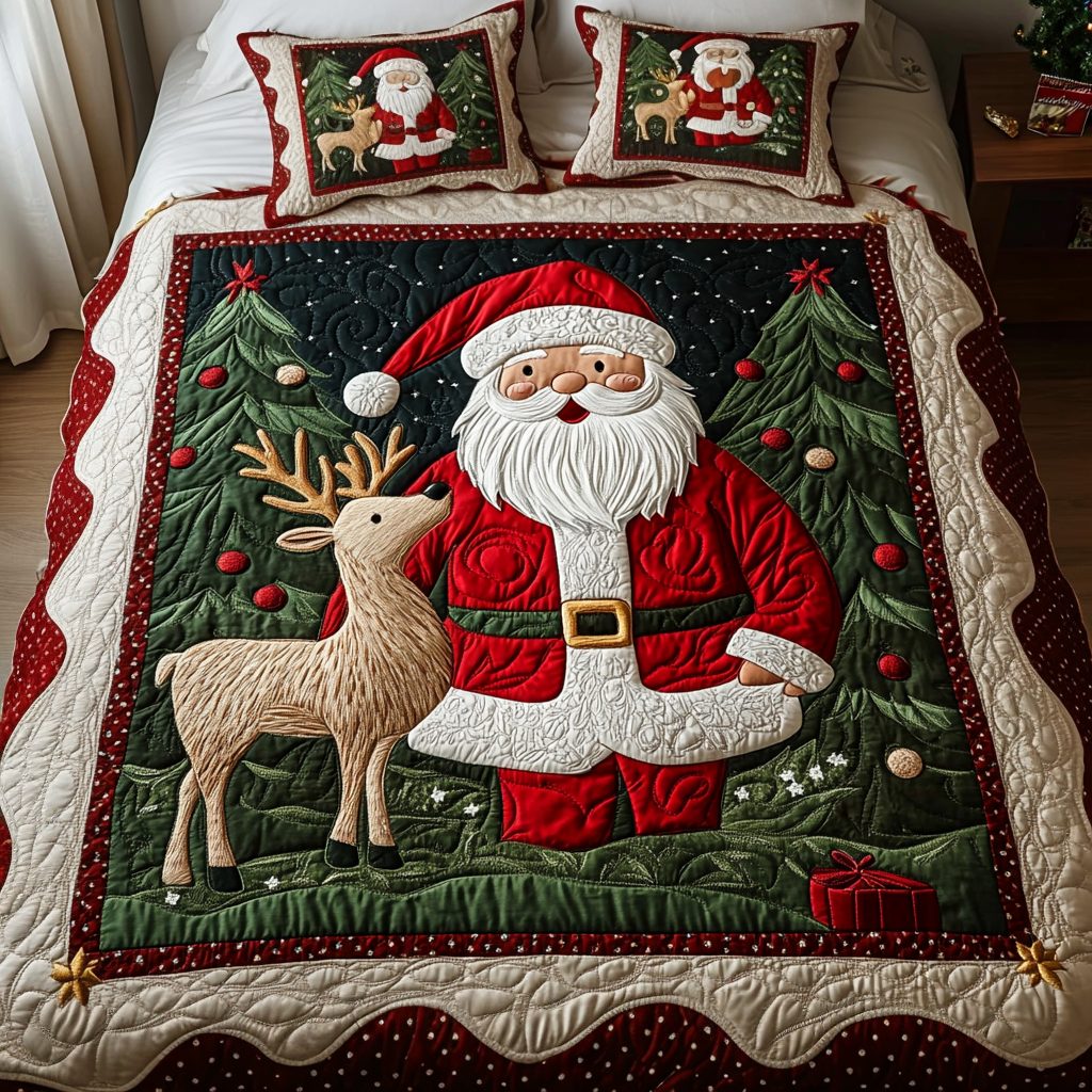 Reindeer Games quilted 3-piece bedding set on a made bed in a winter-styled bedroom
