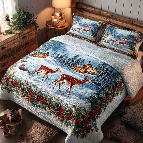 Reindeer Garland quilted 3-piece bedding set on a made bed in a winter-styled bedroom