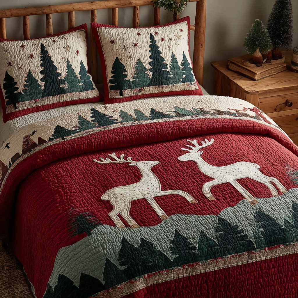 Reindeer Glow quilted 3-piece bedding set on a made bed in a winter-styled bedroom