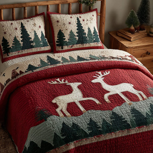 Reindeer Glow quilted 3-piece bedding set on a made bed in a winter-styled bedroom