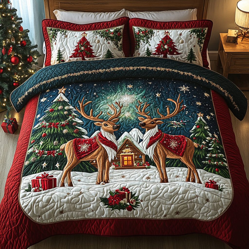 Reindeer Glow quilted 3-piece bedding set on a made bed in a winter-styled bedroom