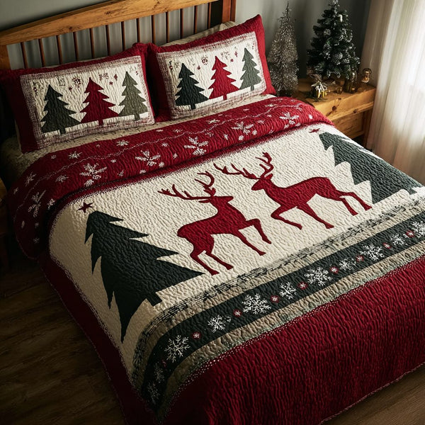 Reindeer Journey quilted 3-piece bedding set on a made bed in a winter-styled bedroom