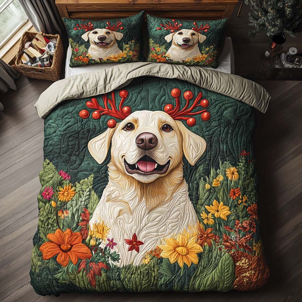 Reindeer Labrador Happy quilted 3-piece bedding set on a made bed in a winter-styled bedroom