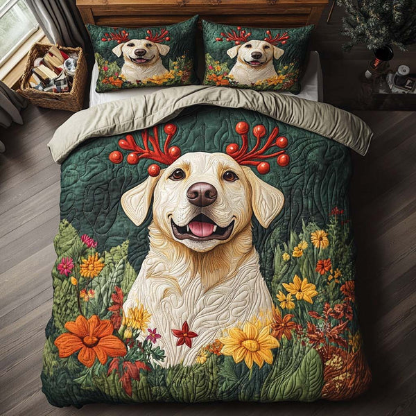 Reindeer Labrador Happy quilted 3-piece bedding set on a made bed in a winter-styled bedroom
