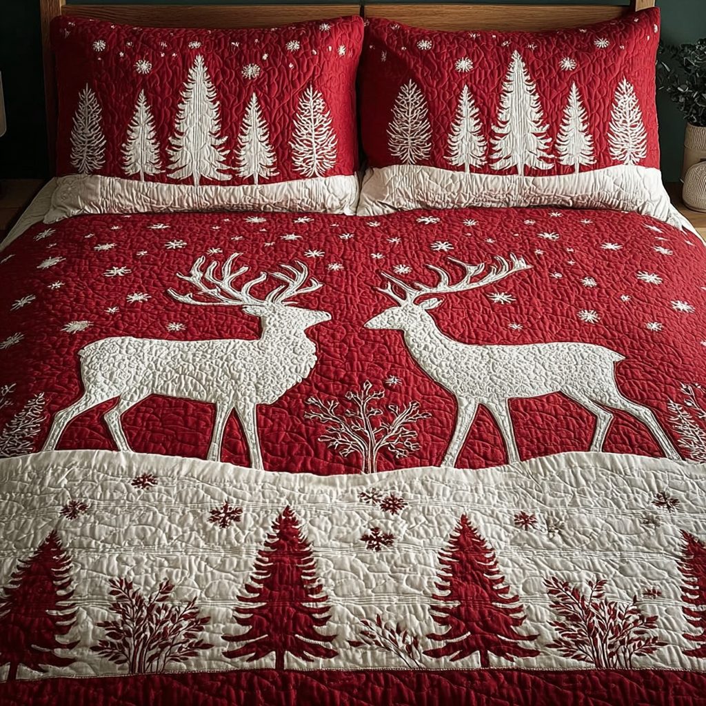 Reindeer Light quilted 3-piece bedding set on a made bed in a winter-styled bedroom