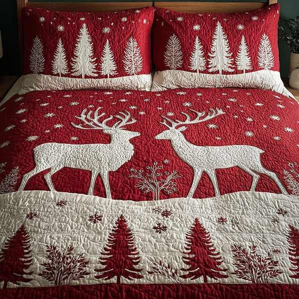 Reindeer Light quilted 3-piece bedding set on a made bed in a winter-styled bedroom