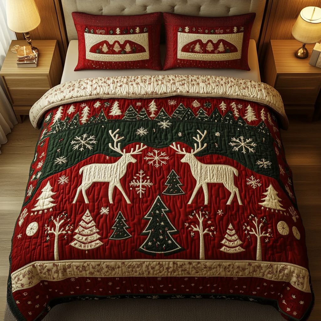 Reindeer Lodge quilted 3-piece bedding set on a made bed in a winter-styled bedroom