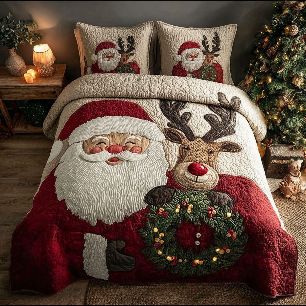 Reindeer Love quilted 3-piece bedding set on a made bed in a winter-styled bedroom