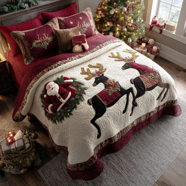 Reindeer Magic quilted 3-piece bedding set on a made bed in a winter-styled bedroom