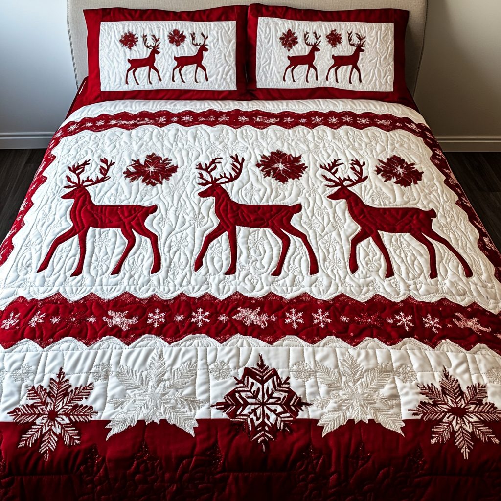 Reindeer Rendezvous quilted 3-piece bedding set on a made bed in a winter-styled bedroom