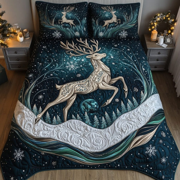 Reindeer Run quilted 3-piece bedding set on a made bed in a winter-styled bedroom