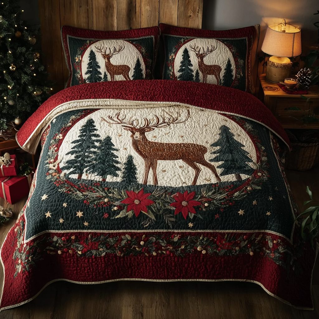 Reindeer Spirit quilted 3-piece bedding set on a made bed in a winter-styled bedroom