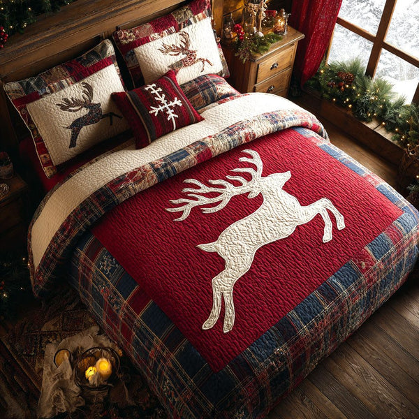 Reindeer Spirit quilted 3-piece bedding set on a made bed in a winter-styled bedroom