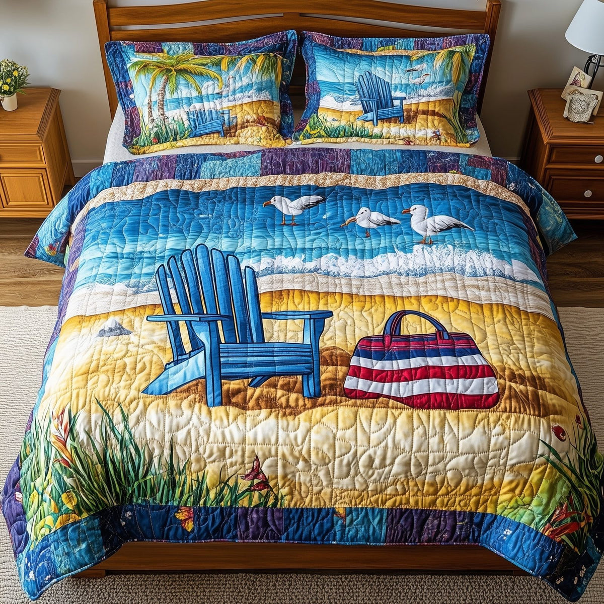 Relaxing Beach quilted 3-piece bedding set on a made bed in a light coastal bedroom