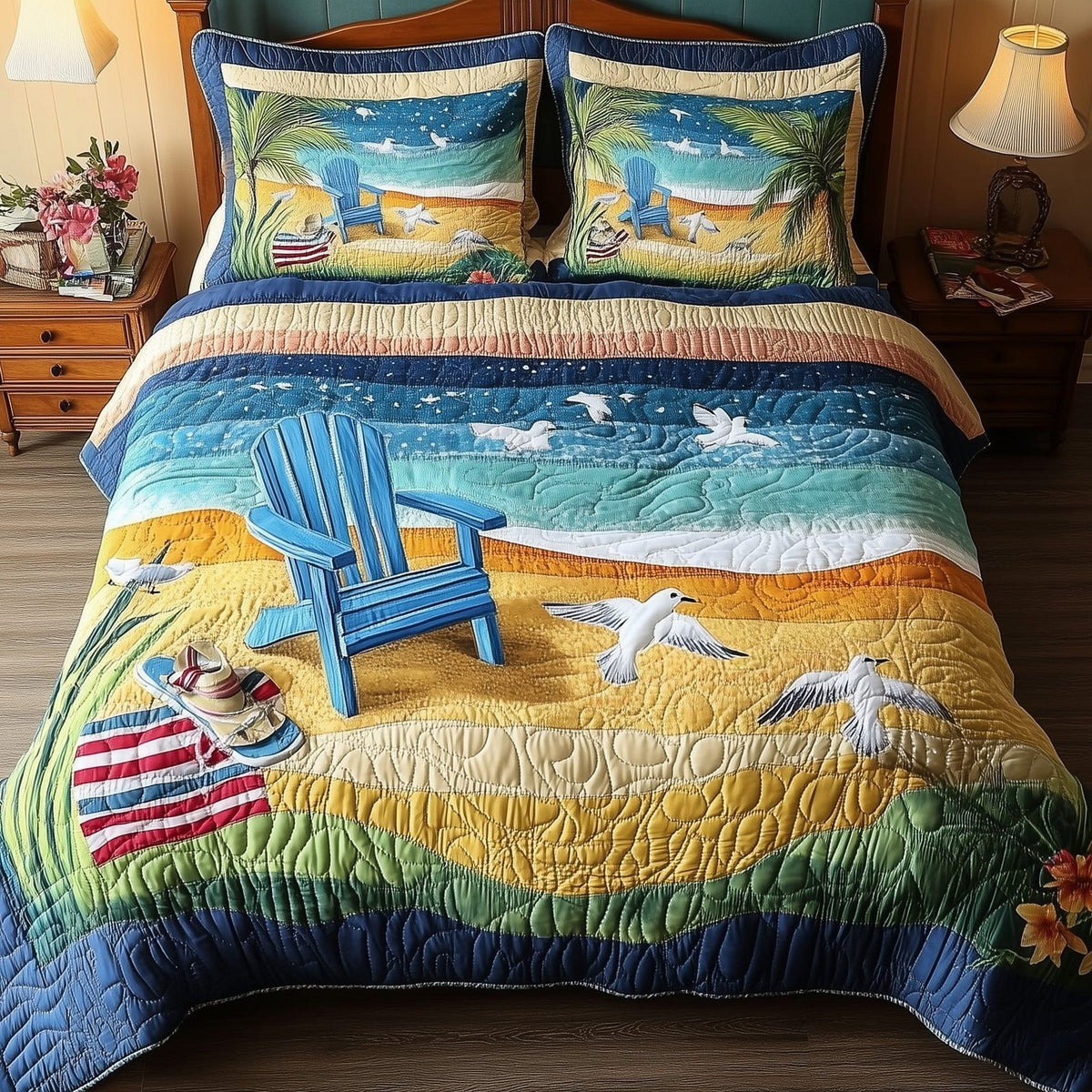 Relaxing Beach quilted 3-piece bedding set on a made bed in a light coastal bedroom