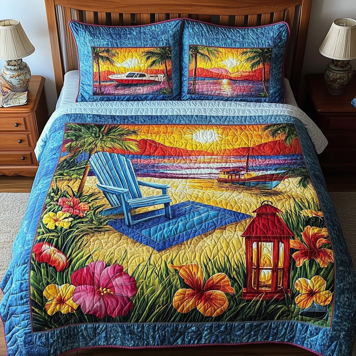 Relaxing Beach quilted 3-piece bedding set on a made bed in a light coastal bedroom
