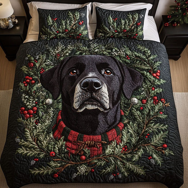 Retriever Frosted Friend quilted 3-piece bedding set on a made bed in a winter-styled bedroom