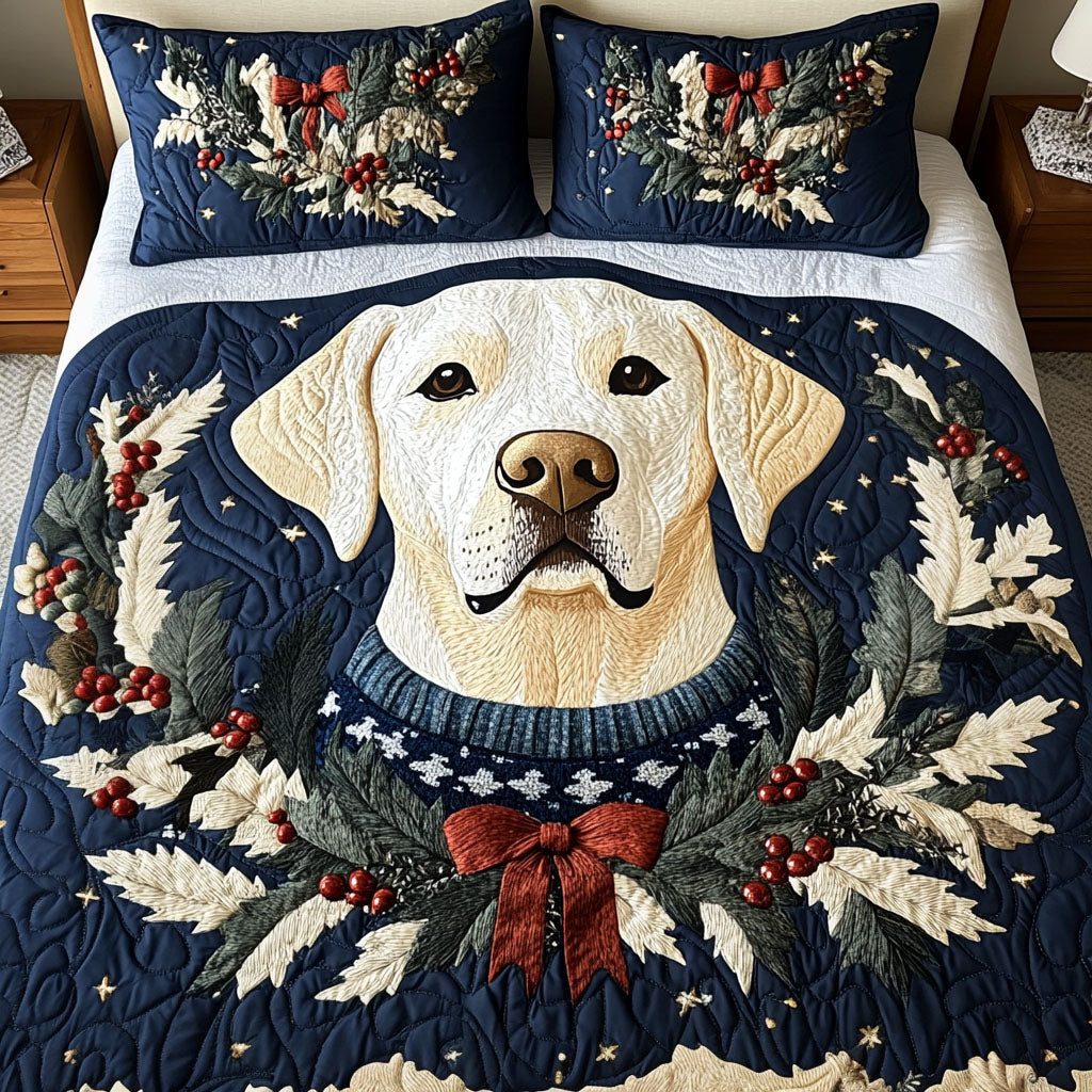 Retriever Winter Wags quilted 3-piece bedding set on a made bed in a winter-styled bedroom