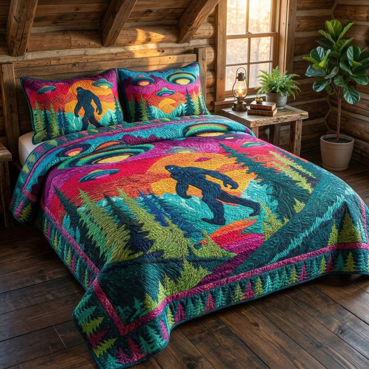 Retro Adventure quilted 3-piece bedding set on a made bed in a winter-styled bedroom