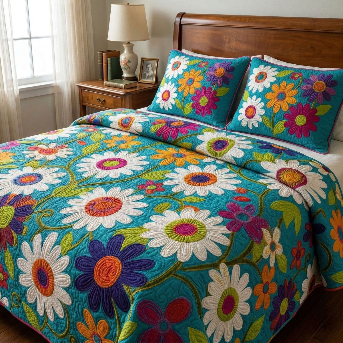 Retro Bloom Field quilted 3-piece bedding set on a made bed in a farmhouse bedroom