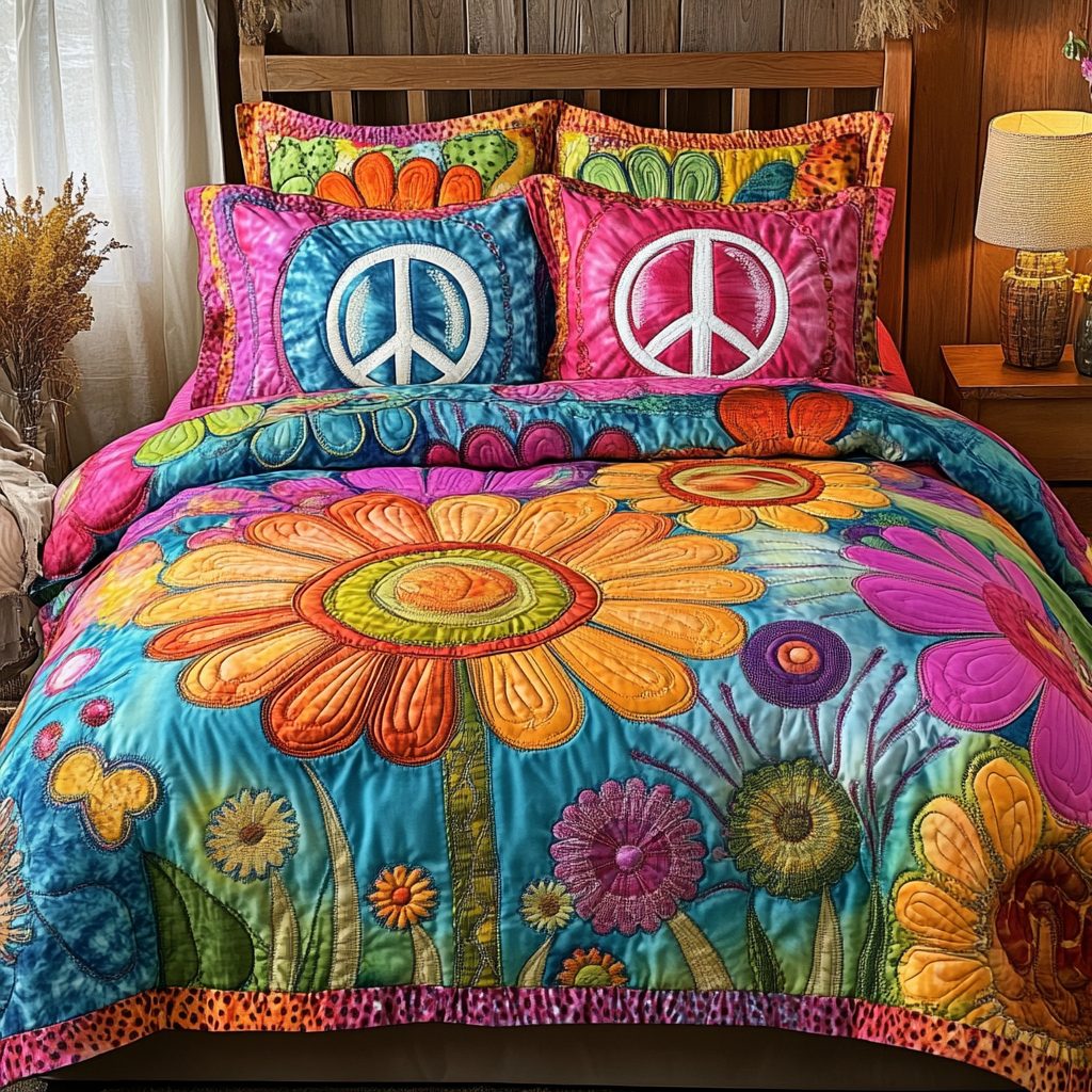 Retro Bloom quilted 3-piece bedding set on a made bed in a farmhouse bedroom