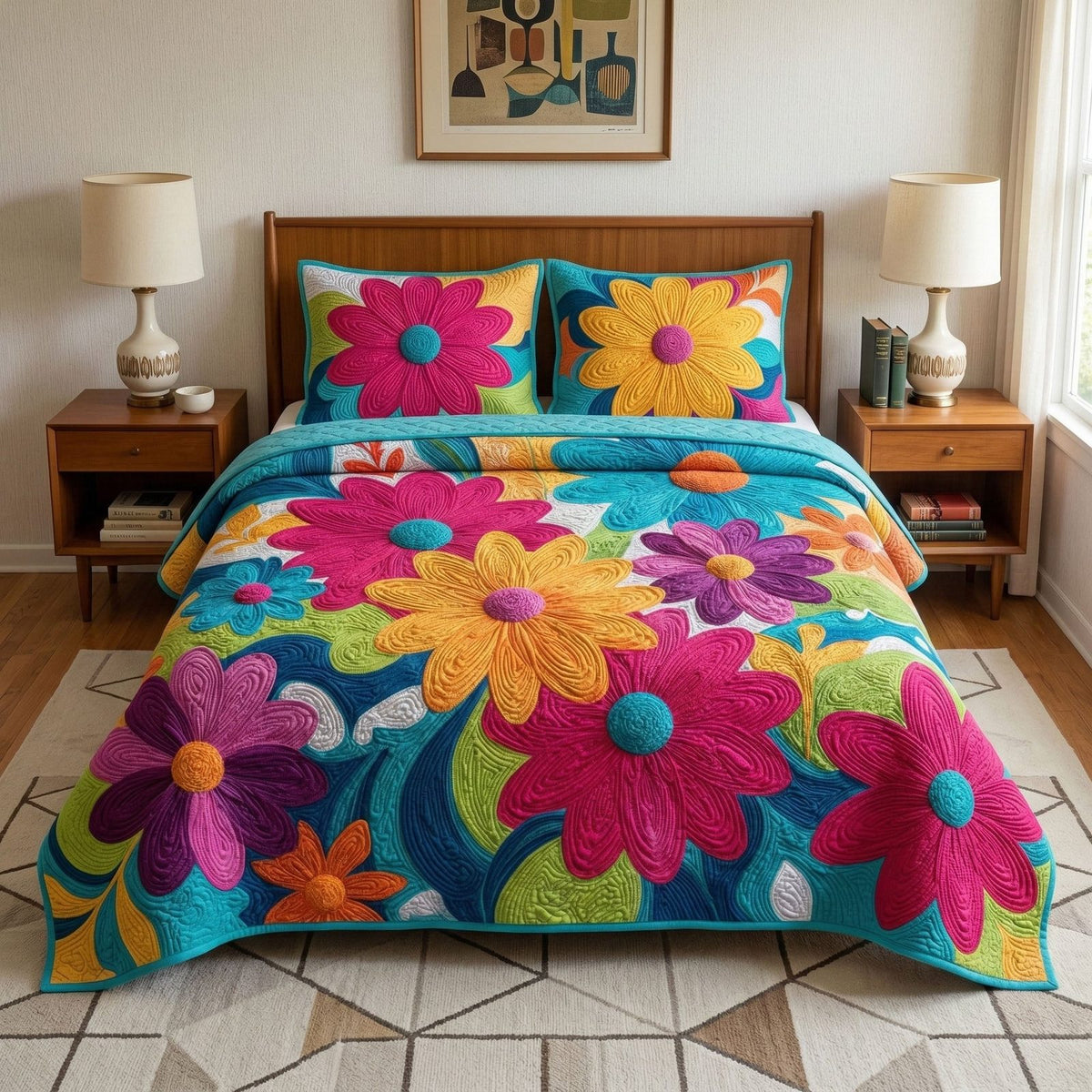 Retro Flower Dream quilted 3-piece bedding set on a made bed in a farmhouse bedroom