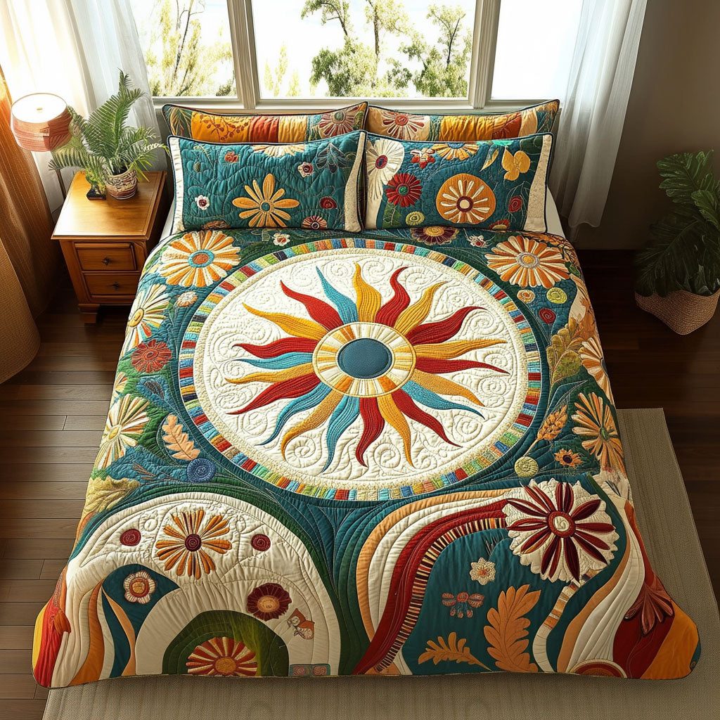 Retro Radiance quilted 3-piece bedding set on a made bed in a farmhouse bedroom