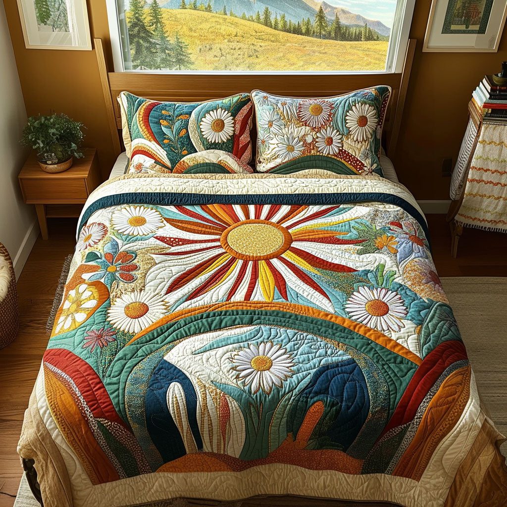 Retro Reverie quilted 3-piece bedding set on a made bed in a farmhouse bedroom