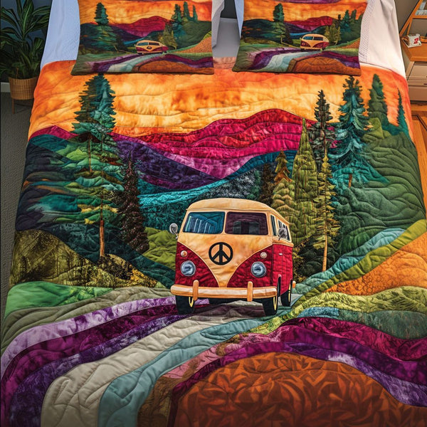 Retro Road Adventure quilted 3-piece bedding set on a made bed in a winter-styled bedroom